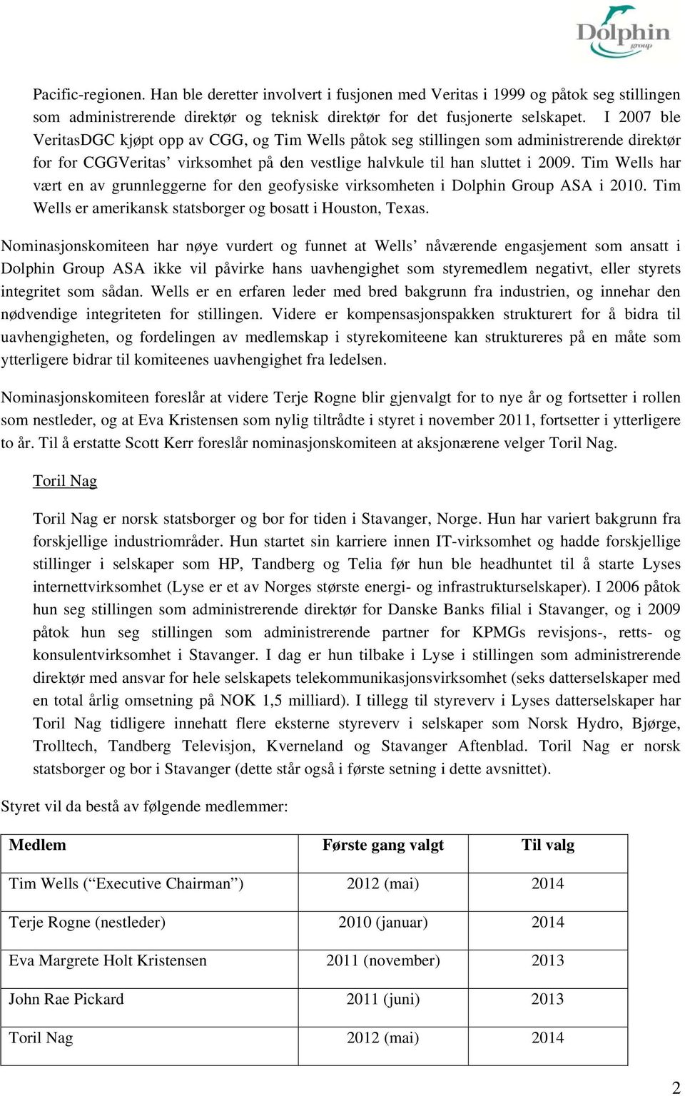 Tim Wells har vært en av grunnleggerne for den geofysiske virksomheten i Dolphin Group ASA i 2010. Tim Wells er amerikansk statsborger og bosatt i Houston, Texas.