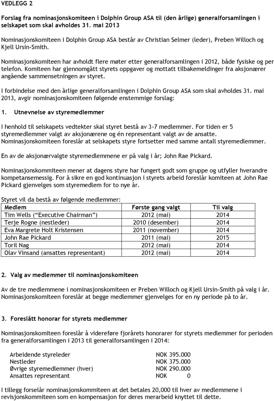 Nominasjonskomiteen har avholdt flere møter etter generalforsamlingen i 2012, både fysiske og per telefon.