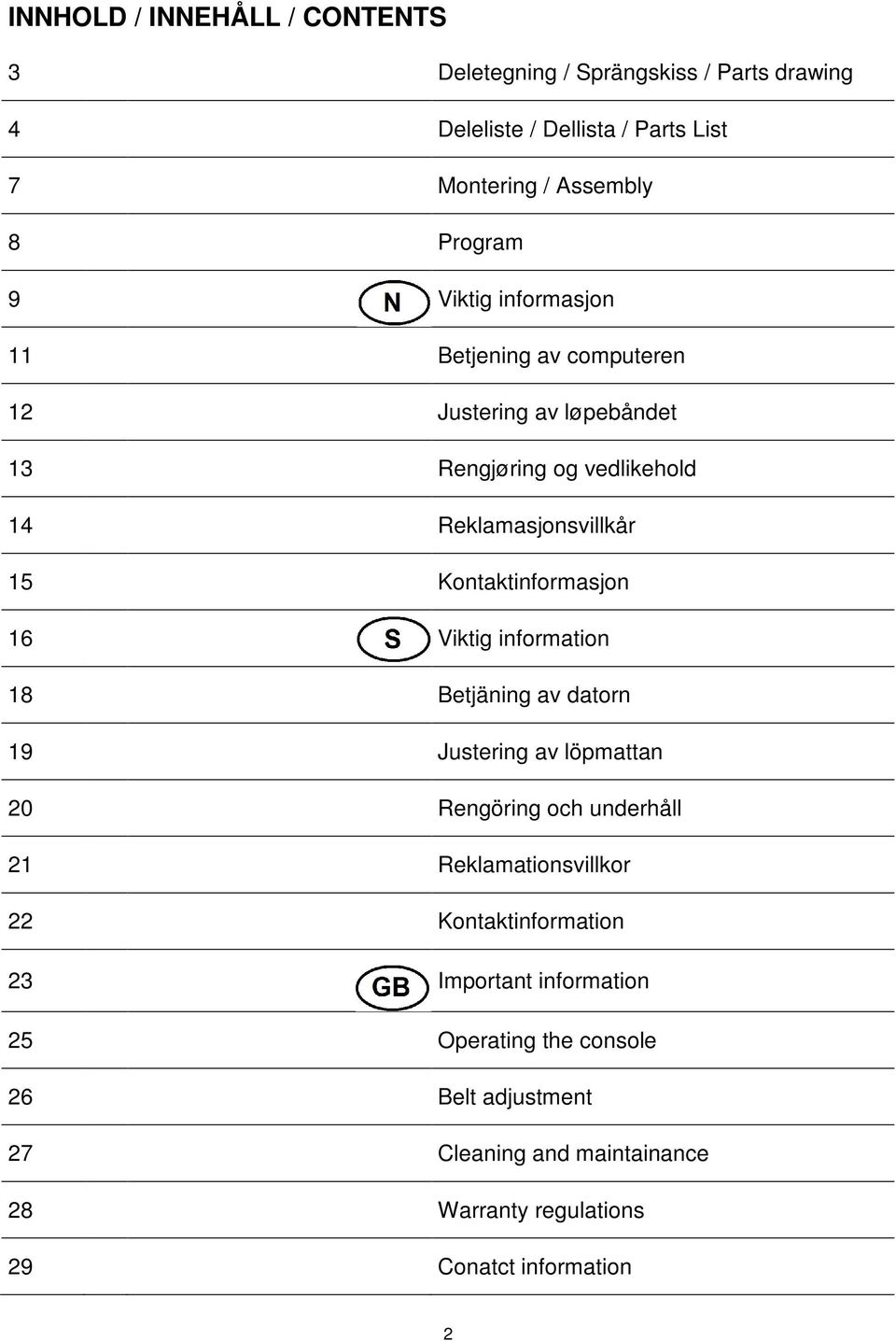 Kontaktinformasjon 16 Viktig information 18 Betjäning av datorn 19 Justering av löpmattan 20 Rengöring och underhåll 21 Reklamationsvillkor 22