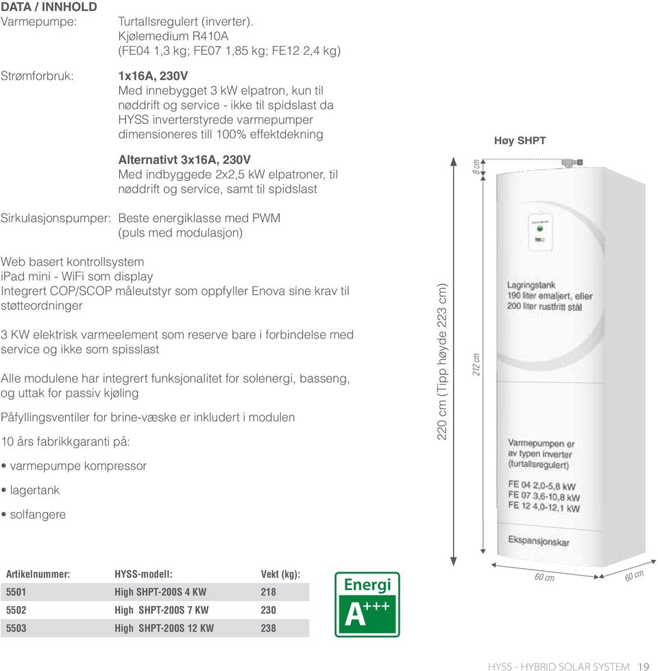 dimensioneres till 100% effektdekning Høy SHPT Alternativt 3x16A, 230V Med indbyggede 2x2,5 kw elpatroner, til nøddrift og service, samt til spidslast Sirkulasjonspumper: Beste energiklasse med PWM