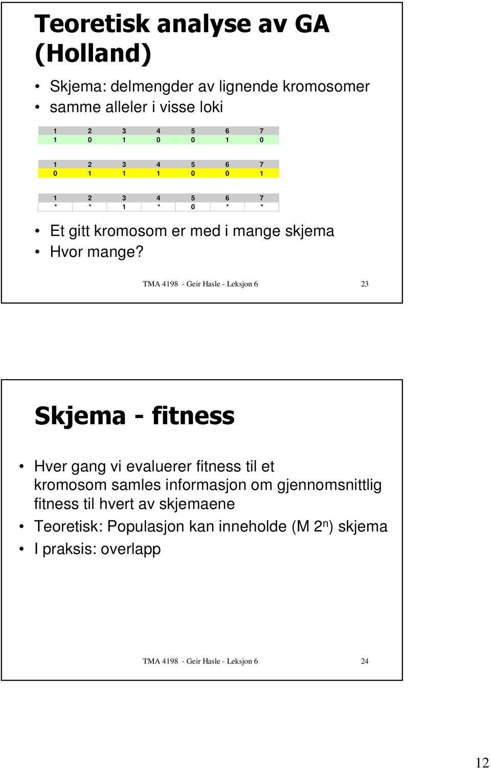 # 6 Hver gang vi evaluerer fitness til et kromosom samles informasjon om gjennomsnittlig fitness til hvert av