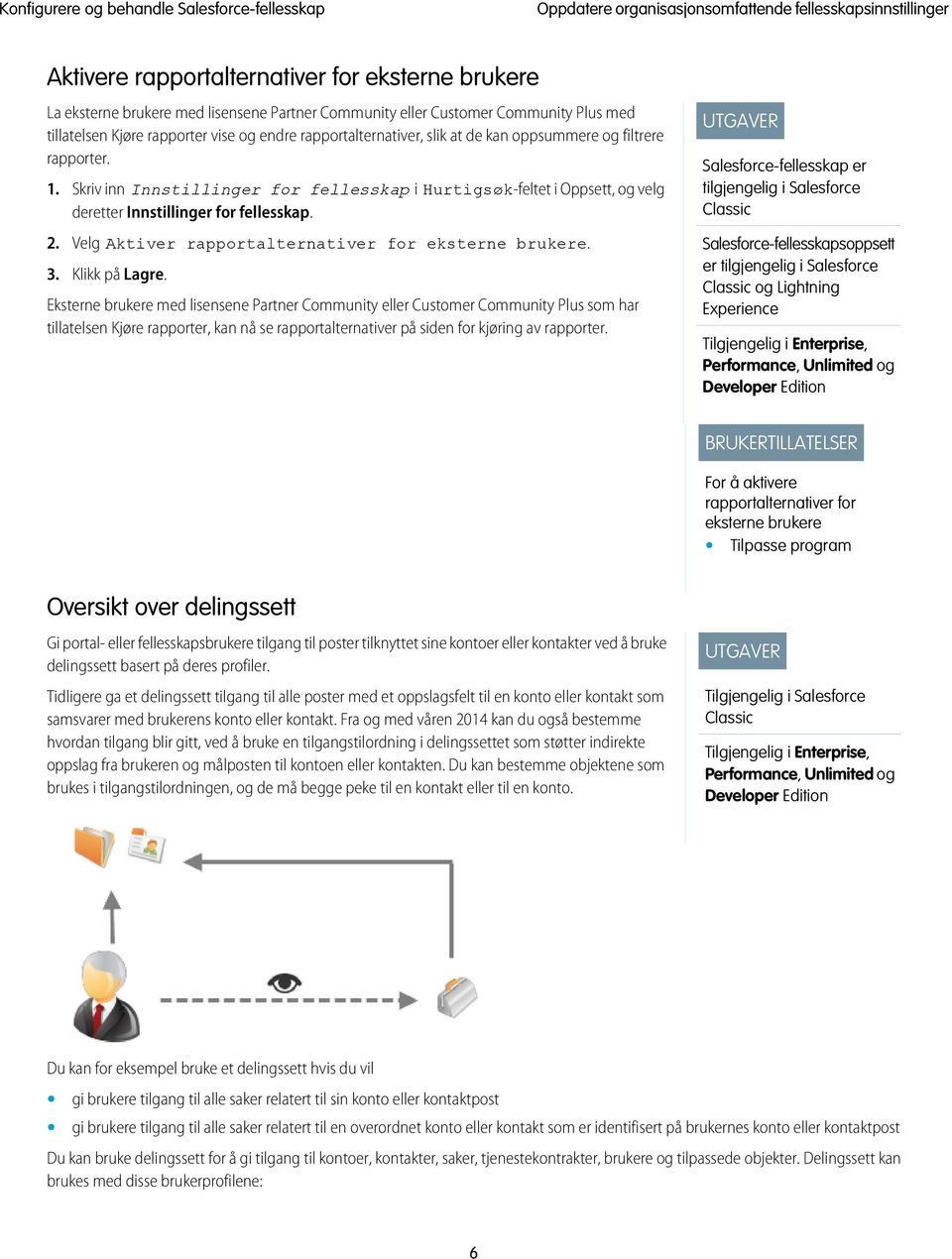 Skriv inn Innstillinger for fellesskap i Hurtigsøk-feltet i Oppsett, og velg deretter Innstillinger for fellesskap. 2. Velg Aktiver rapportalternativer for eksterne brukere. 3. Klikk på Lagre.