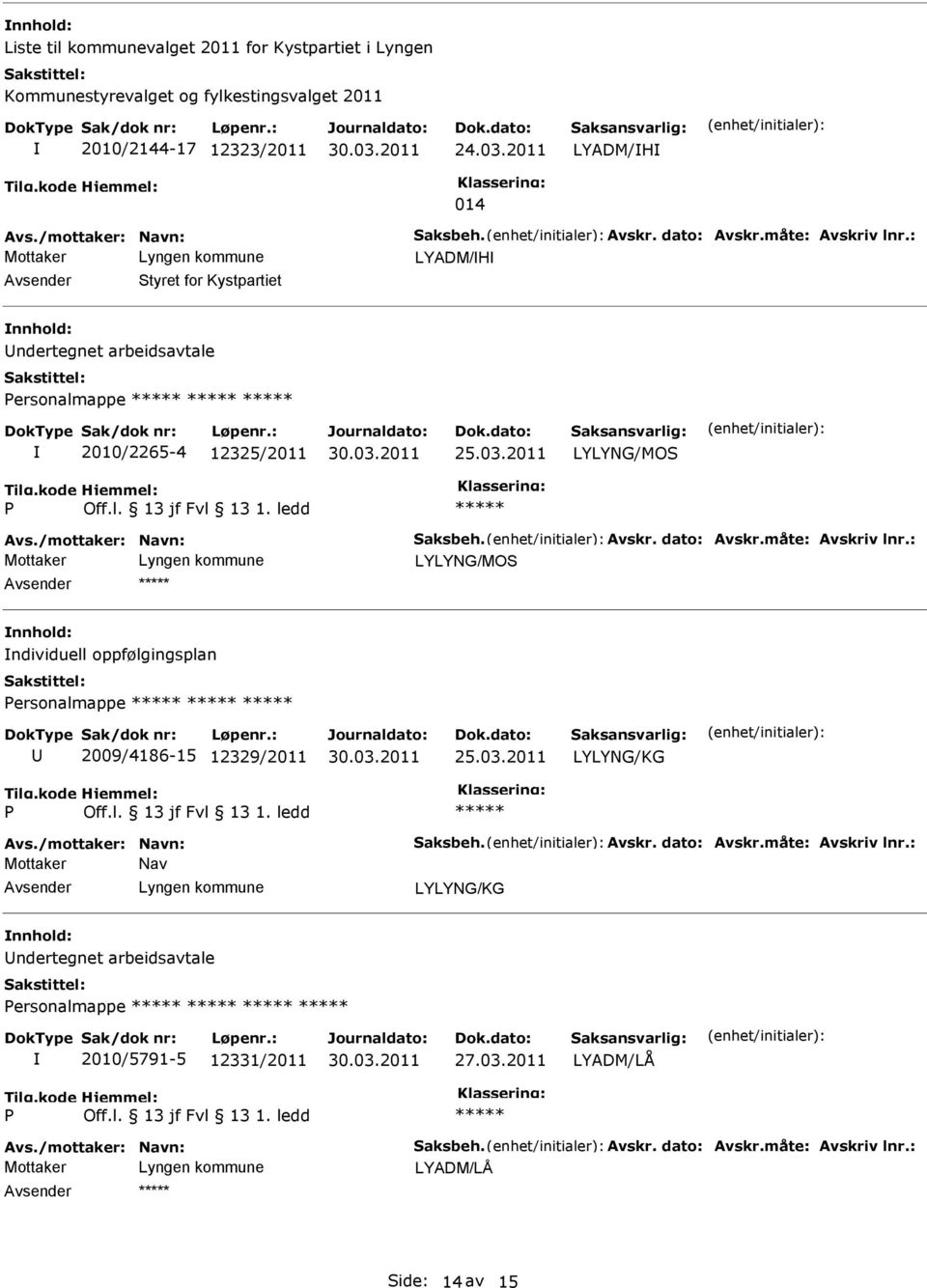 måte: Avskriv lnr.: LYLYNG/MOS ndividuell oppfølgingsplan ersonalmappe 2009/4186-15 12329/2011 25.03.2011 LYLYNG/KG Avs./mottaker: Navn: Saksbeh. Avskr. dato: Avskr.