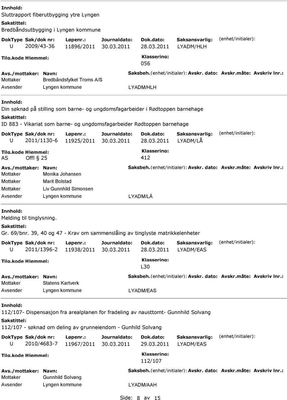 AS Offl 25 412 Avs./mottaker: Navn: Saksbeh. Avskr. dato: Avskr.måte: Avskriv lnr.: Monika Johansen Marit Bolstad Liv Gunnhild Simonsen Melding til tinglysning. Gr. 69/bnr.