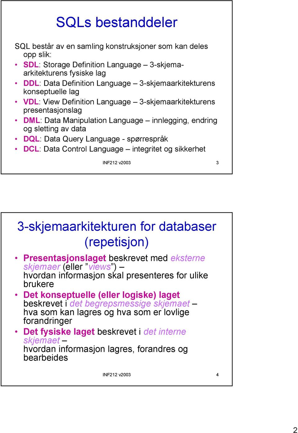 Language - spørrespråk DCL: Data Control Language integritet og sikkerhet INF212 v2003 3 3-skjemaarkitekturen for databaser (repetisjon) Presentasjonslaget beskrevet med eksterne skjemaer (eller