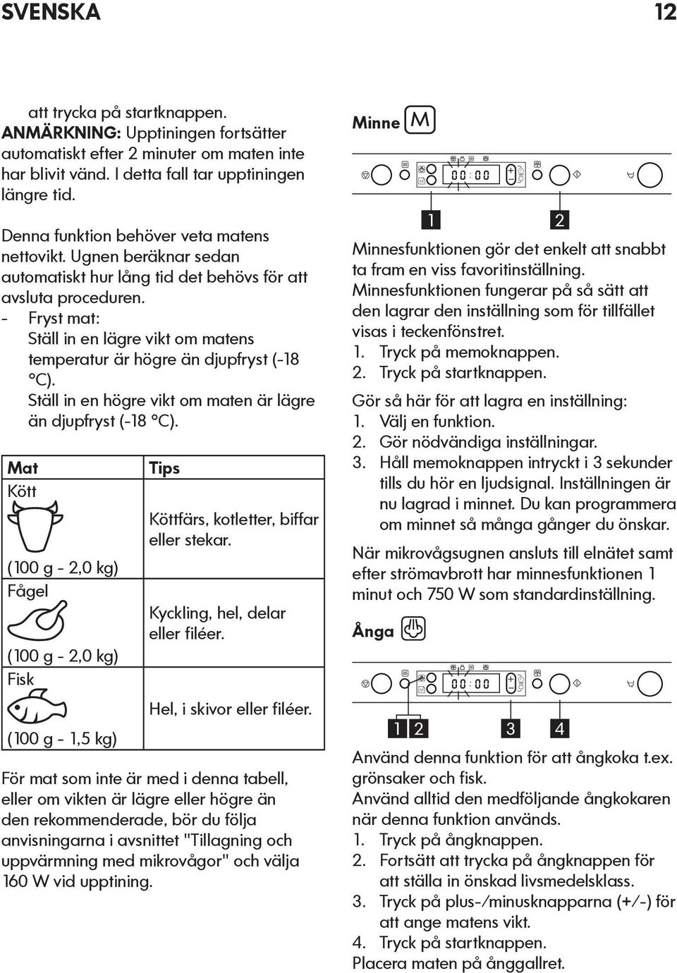 Fryst mat: Mat Kött Ställ in en lägre vikt om matens temperatur är högre än djupfryst (-18 C). Ställ in en högre vikt om maten är lägre än djupfryst (-18 C).