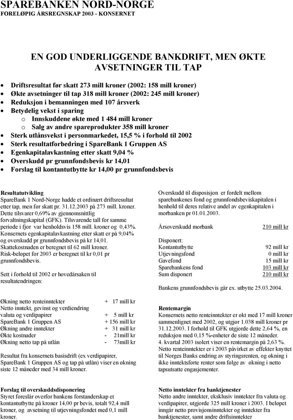 kroner Sterk utlånsvekst i personmarkedet, 15,5 % i forhold til 2002 Sterk resultatforbedring i SpareBank 1 Gruppen AS Egenkapitalavkastning etter skatt 9,04 % Overskudd pr grunnfondsbevis kr 14,01