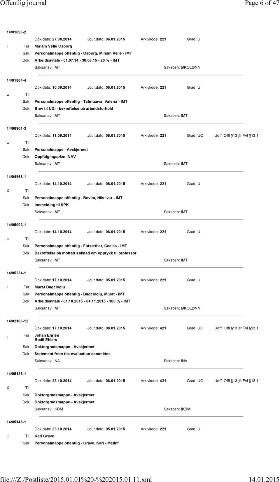 dato: 11.09.2014 Jour.dato: 06.01.2015 Arkivkode: 221 Grad: UO Uoff: Offl 13 jfr Fvl 13.1 Sak: Personalmappe - Avskjermet Dok: Oppfølgingsplan -NAV Saksbeh: MT 14/04968-1 Dok.dato: 14.10.2014 Jour.dato: 06.01.2015 Arkivkode: 221 Grad: U Sak: Personalmappe offentlig - Bovim, Nils var - MT Dok: nnmelding til SPK Saksbeh: MT 14/05003-1 Dok.