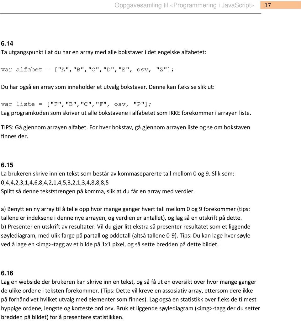 For hver bokstav, gå gjennom arrayen liste og se om bokstaven finnes der. 6.15 La brukeren skrive inn en tekst som består av kommaseparerte tall mellom 0 og 9.