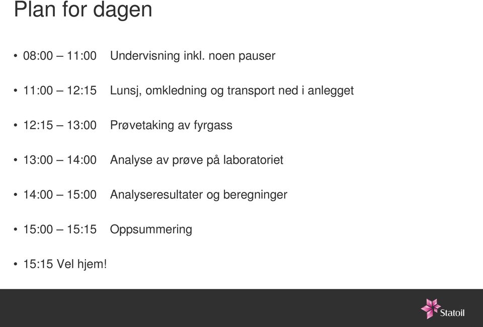 12:15 13:00 Prøvetaking av fyrgass 13:00 14:00 Analyse av prøve på