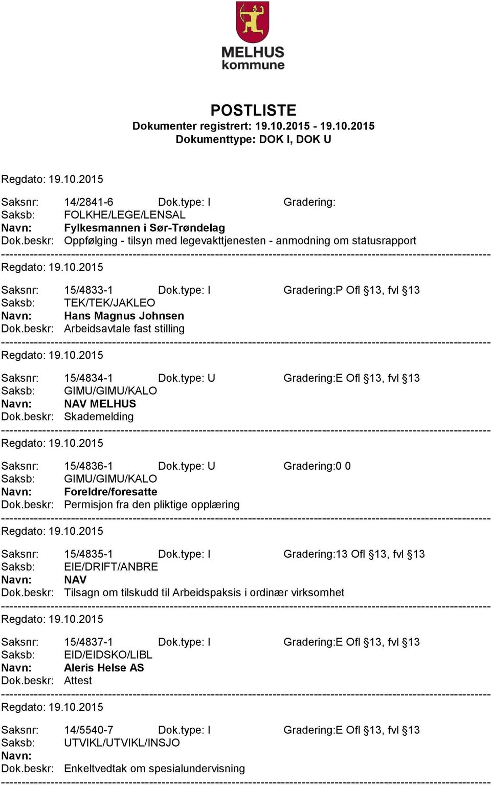 beskr: Arbeidsavtale fast stilling Saksnr: 15/4834-1 Dok.type: U Gradering:E Ofl 13, fvl 13 Saksb: GIMU/GIMU/KALO Navn: NAV MELHUS Dok.beskr: Skademelding Saksnr: 15/4836-1 Dok.