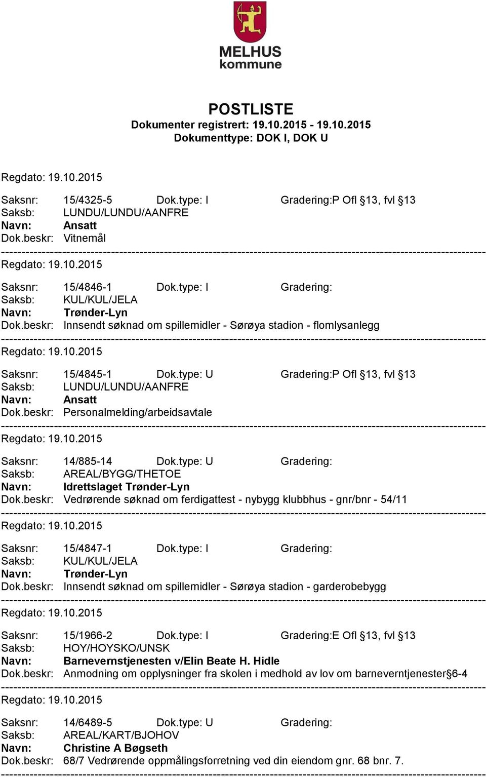 beskr: Personalmelding/arbeidsavtale Saksnr: 14/885-14 Dok.type: U Gradering: Navn: Idrettslaget Trønder-Lyn Dok.