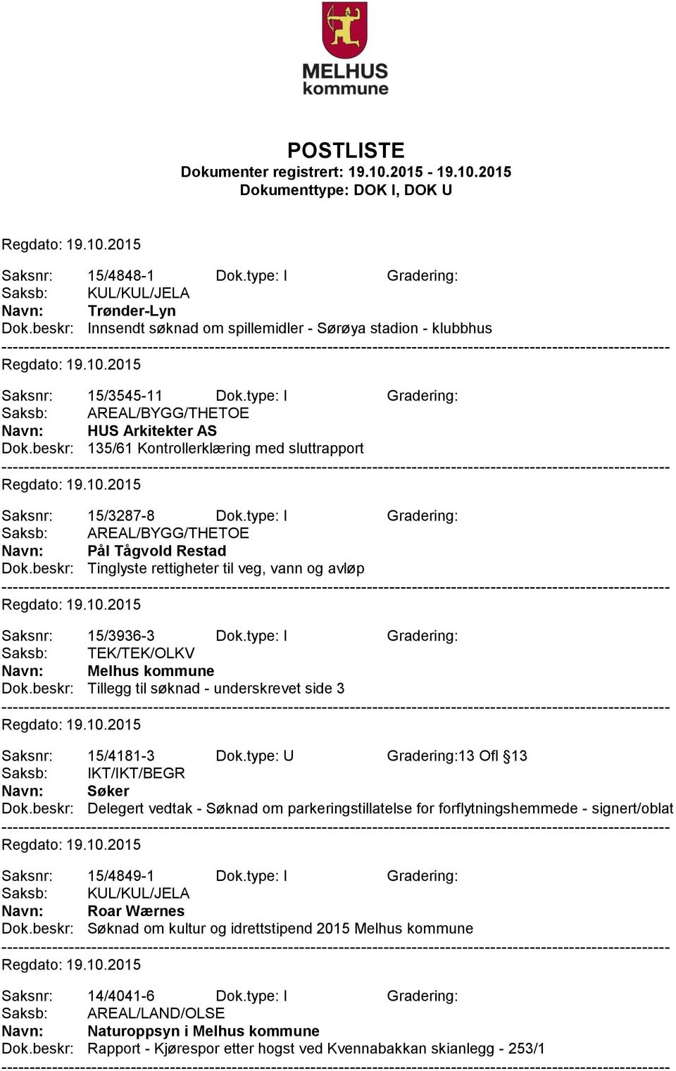 beskr: Tinglyste rettigheter til veg, vann og avløp Saksnr: 15/3936-3 Dok.type: I Gradering: Saksb: TEK/TEK/OLKV Navn: Melhus kommune Dok.