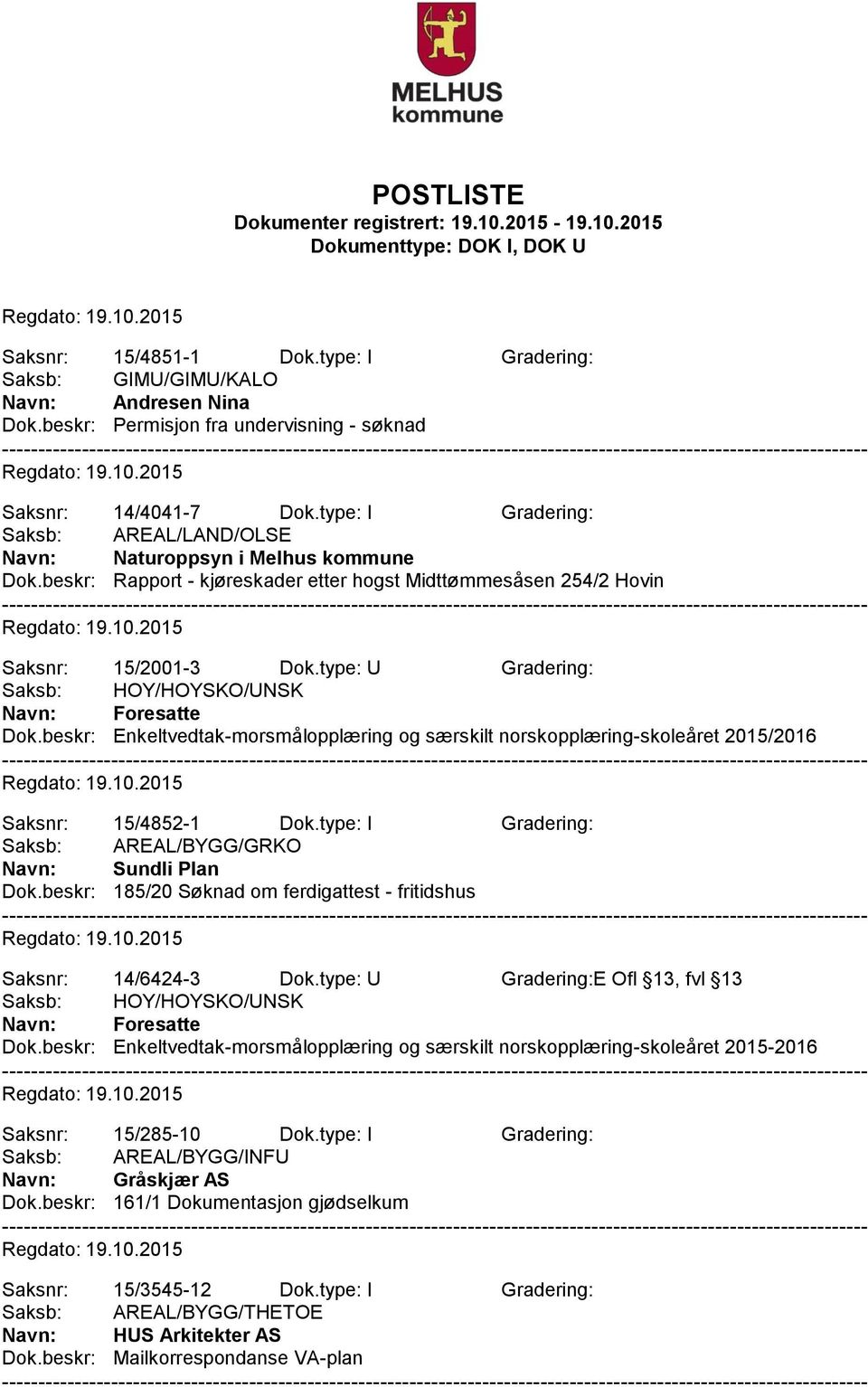 type: U Gradering: Navn: Foresatte Dok.beskr: Enkeltvedtak-morsmålopplæring og særskilt norskopplæring-skoleåret 2015/2016 Saksnr: 15/4852-1 Dok.