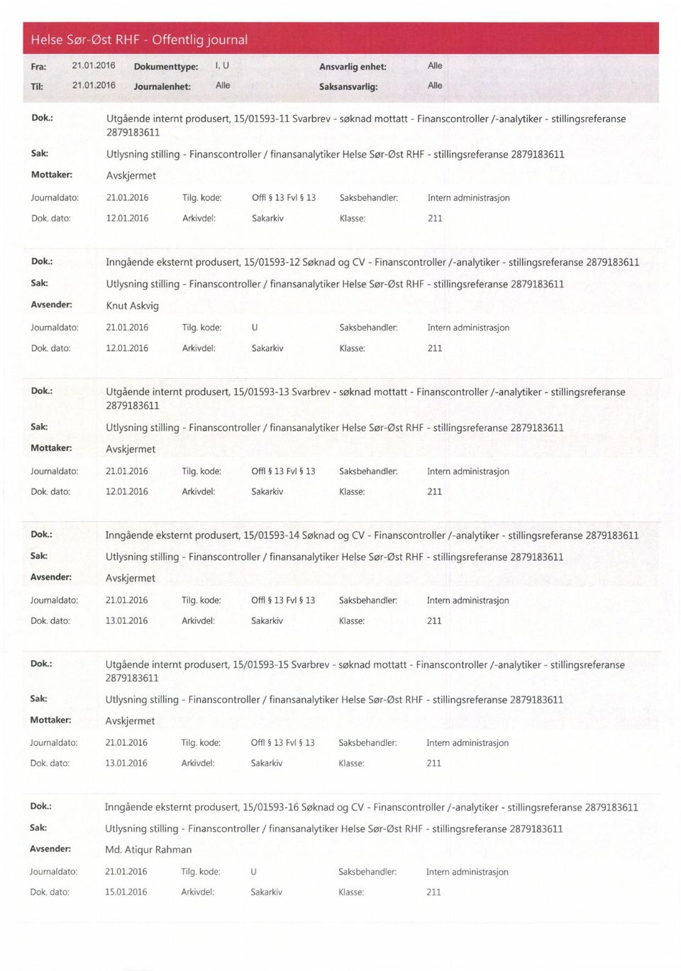 : Utgående internt produsert, 15/01593-13 Svarbrev - søknad mottatt - Finanscontroller /-analytiker - stillingsreferanse Dok. dato: 12.01.2016 Arkivdel: Sakarkiv Klasse: 211 Dok.