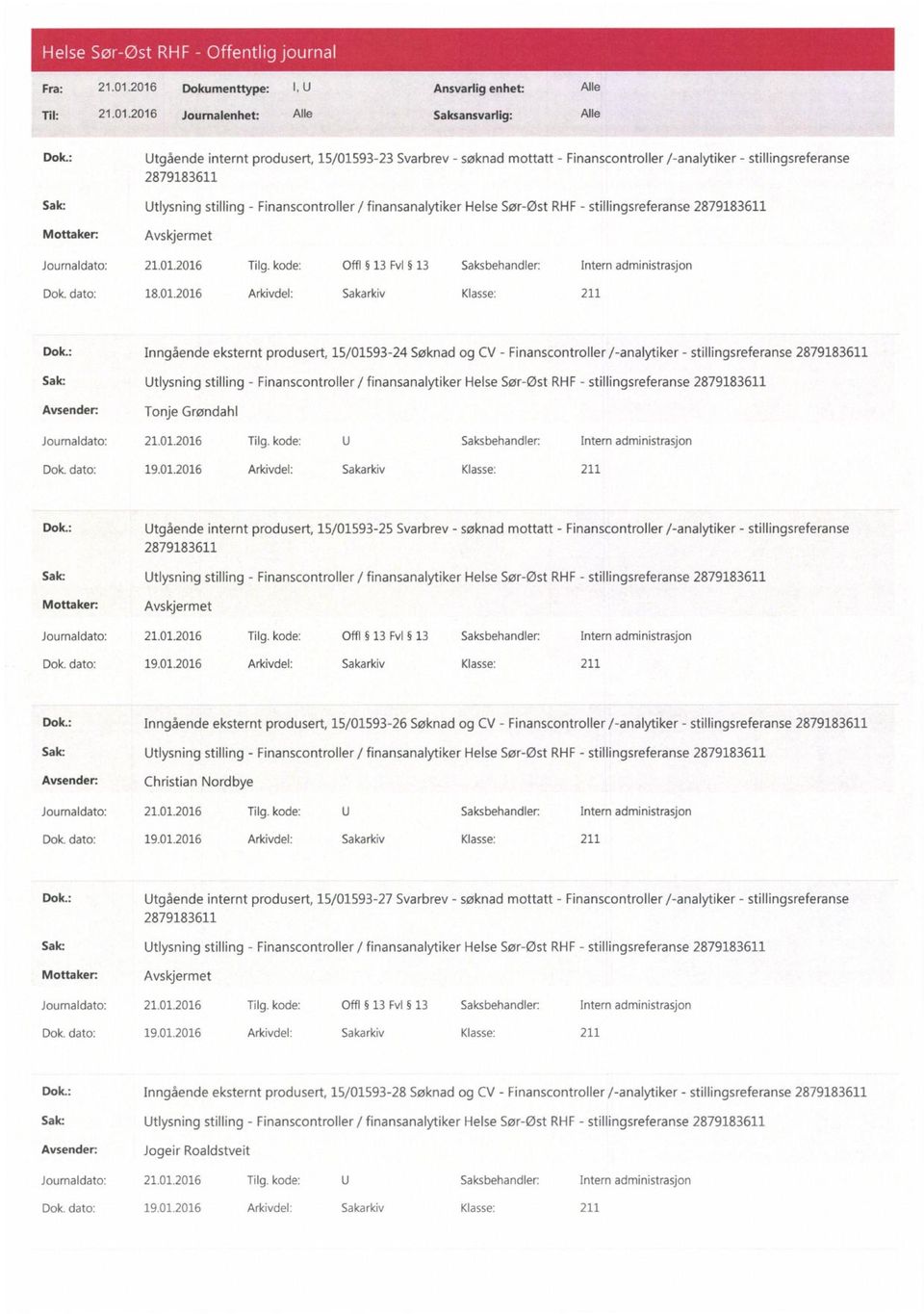 dato: 19.01.2016 Arkivdel: Sakarkiv Klasse: 211 Dok.: Utgående internt produsert, 15/01593-27 Svarbrev - søknad mottatt - Finanscontroller /-analytiker - stillingsreferanse Dok. dato: 19.01.2016 Arkivdel: Sakarkiv Klasse: 211 Dok.: Inngående eksternt produsert, 15/01593-28 Søknad og CV - Finanscontroller /-analytiker - stillingsreferanse Jogeir Roaldstveit Dok.