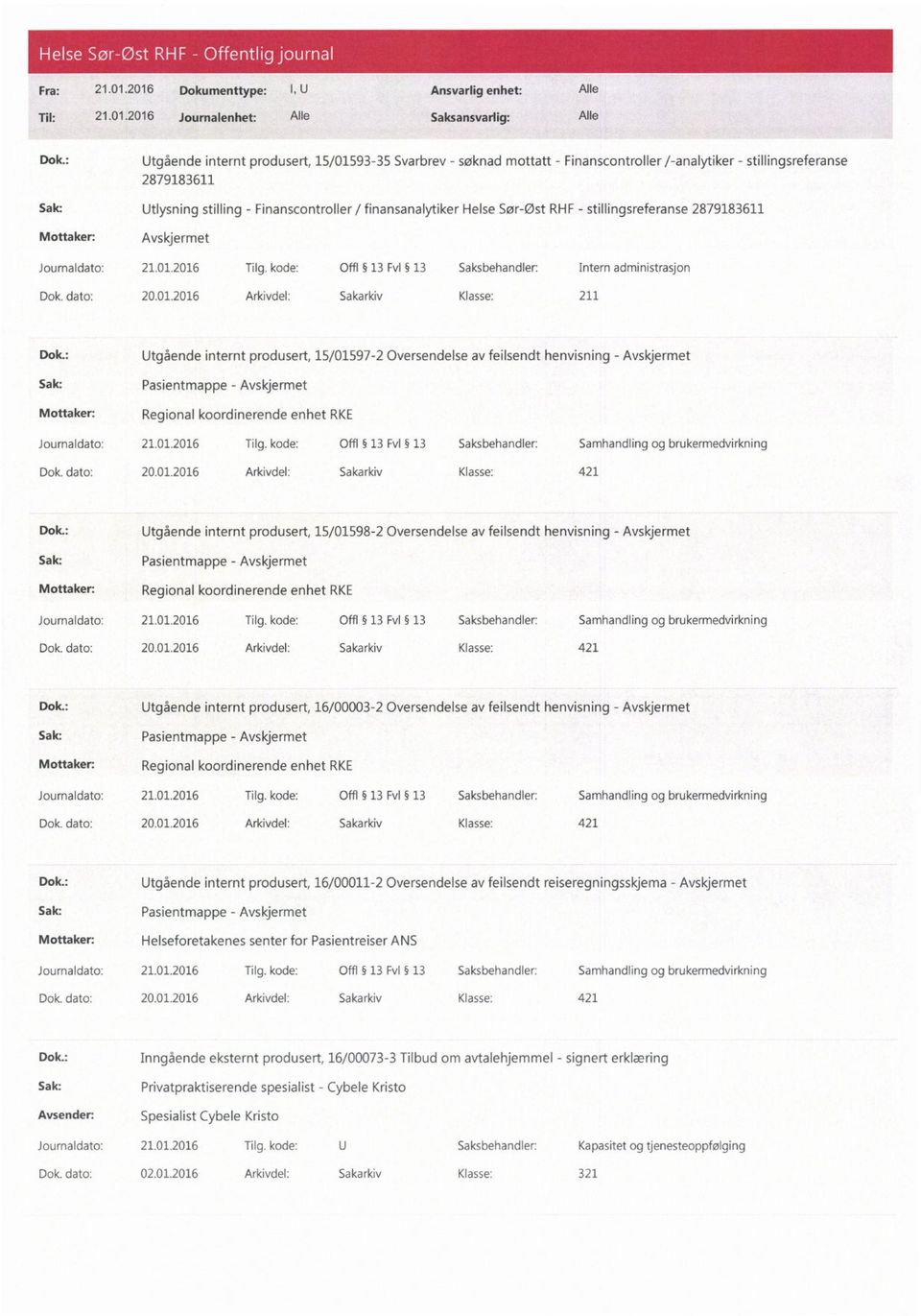 RHF - stillingsreferanse Journaldato: 21.01.2016 Tilg. kode: Offl 13 Evl 13 Saksbehandler: Intern administrasjon Dok. dato: 20.01.2016 Arkivdel: Sakarkiv Klasse: 211 Dok.