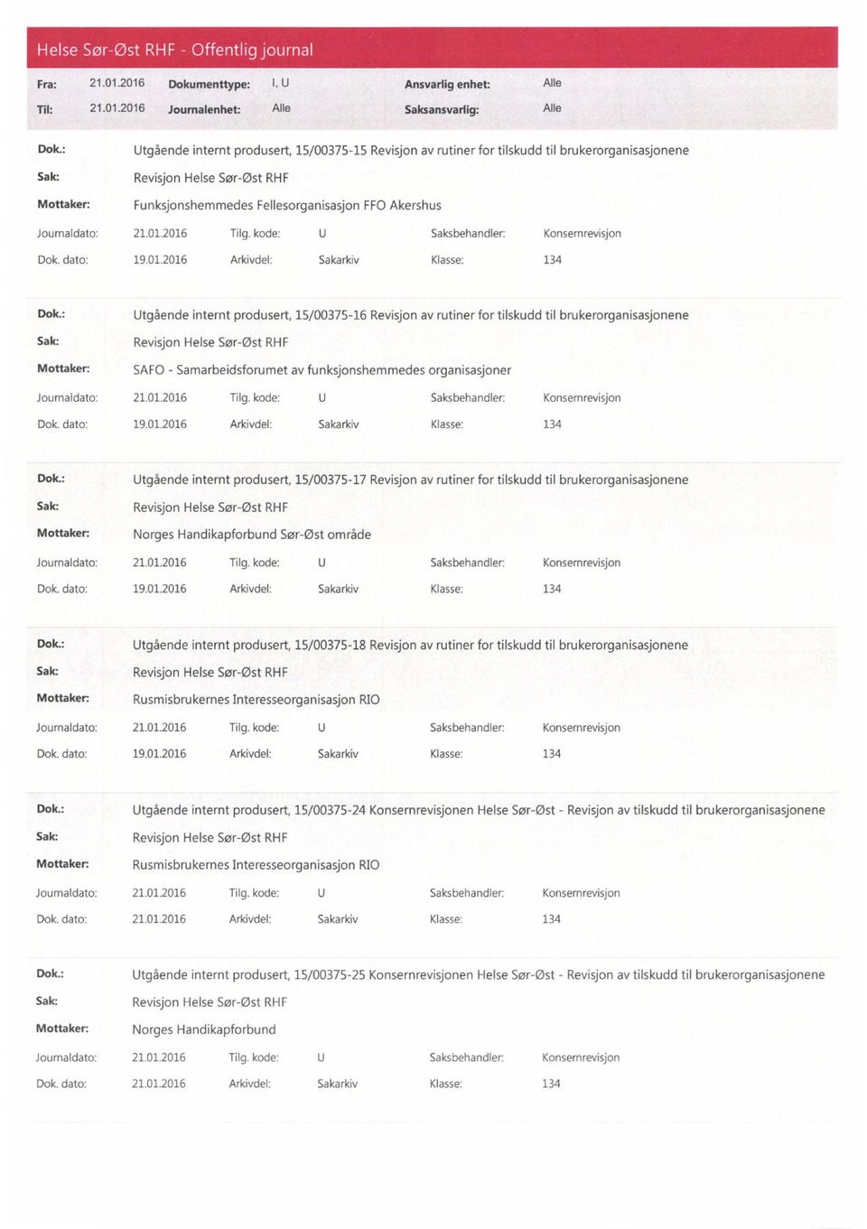 01.2016 Tilg. kode: U Saksbehandler: Konsernrevisjon Dok. dato: 19.01.2016 Arkivdel: Sakarkiv Klasse: 134 Dok.