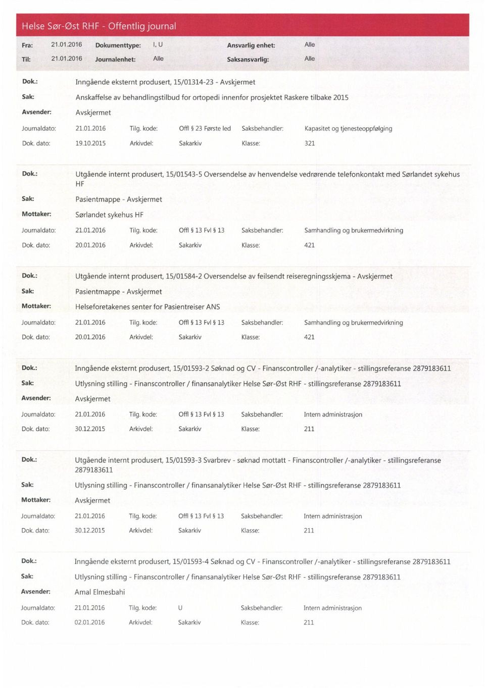 kode: Offl 23 Første led Saksbehandler: Kapasitet og tjenesteoppfølging Dok. dato: 19.10.2015 Arkivdel: Sakarkiv Klasse: 321 Dok.