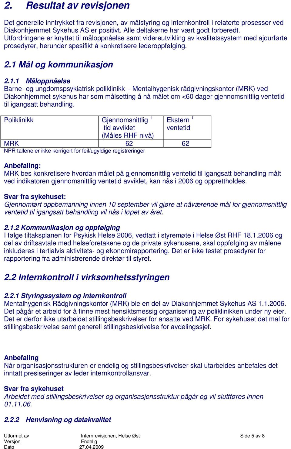 2.1 Mål og kommunikasjon 2.1.1 Måloppnåelse Barne- og ungdomspsykiatrisk poliklinikk Mentalhygenisk rådgivningskontor (MRK) ved Diakonhjemmet sykehus har som målsetting å nå målet om <60 dager