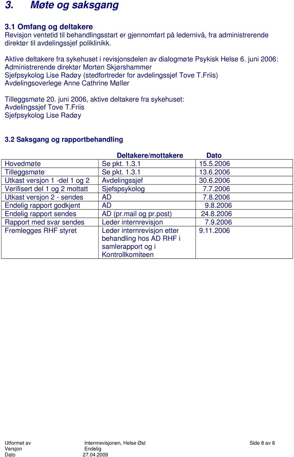 Friis) Avdelingsoverlege Anne Cathrine Møller Tilleggsmøte 20. juni 2006, aktive deltakere fra sykehuset: Avdelingssjef Tove T.Friis Sjefpsykolog Lise Radøy 3.