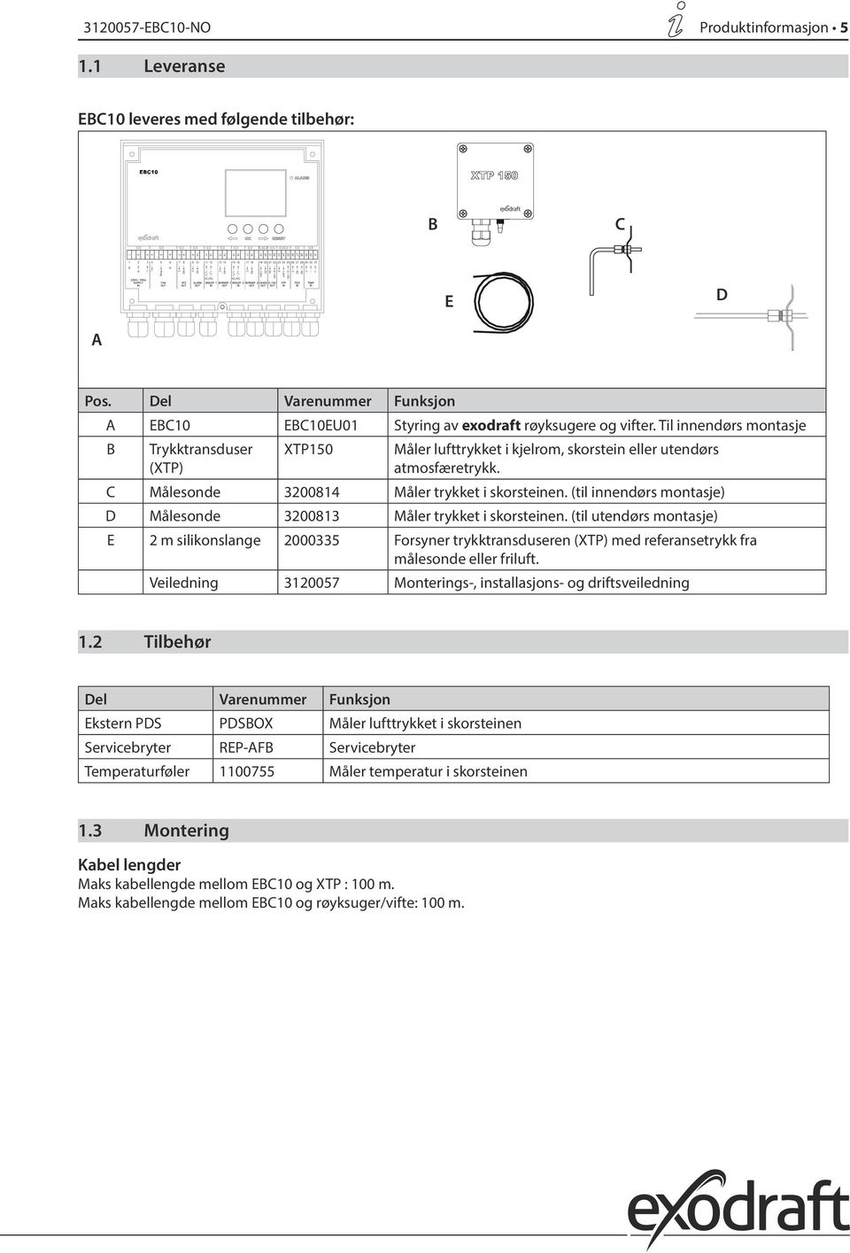 (til innendørs montasje) D Målesonde 3200813 Måler trykket i skorsteinen.