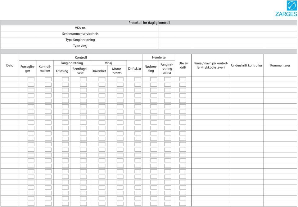 kontroll Kontroll Hendelse Dato Utløsing Drivenhet Vinsj Sentifugalvekt