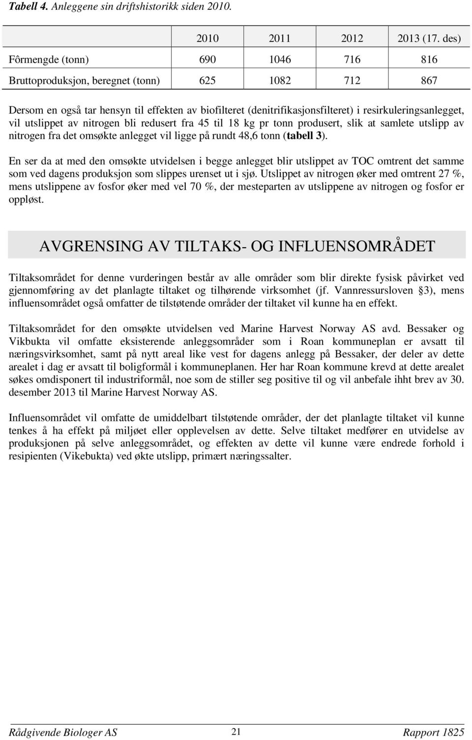 vil utslippet av nitrogen bli redusert fra 45 til 18 kg pr tonn produsert, slik at samlete utslipp av nitrogen fra det omsøkte anlegget vil ligge på rundt 48,6 tonn (tabell 3).