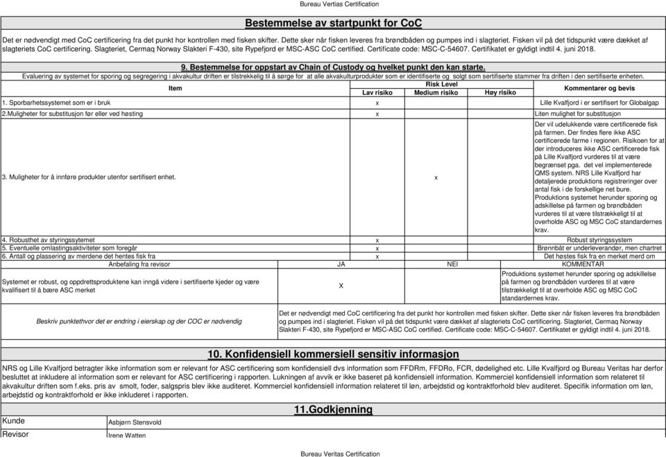 i den sertifiserte enheten. Risk Level Item Kommentarer og bevis Lav risiko Medium risiko Høy risiko. Sporbarhetssystemet som er i bruk x Lille Kvalfjord i er sertifisert for Globalgap 2.