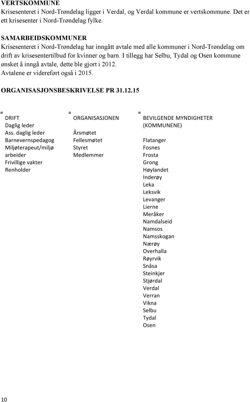 I tillegg har Selbu, Tydal og Osen kommune ønsket å inngå avtale, dette ble gjort i 2012. Avtalene er videreført også i 2015. ORGANISASJONSBESKRIVELSE PR 31.12.15 DRIFT Daglig leder Ass.