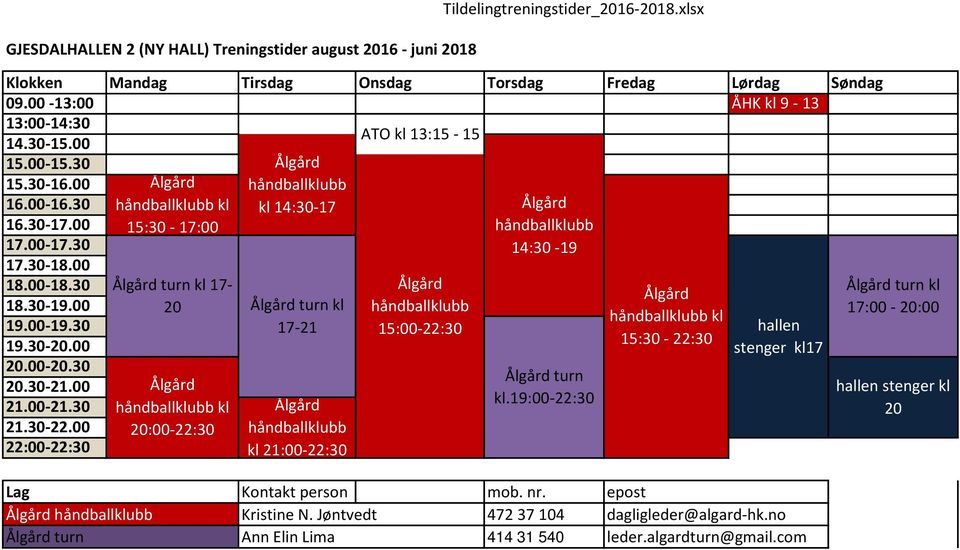 15:00-22:30 14:30-19 turn kl.19:00-22:30 kl 15:30-22:30 hallen stenger kl17 Kontakt person mob. nr. epost Kristine N.