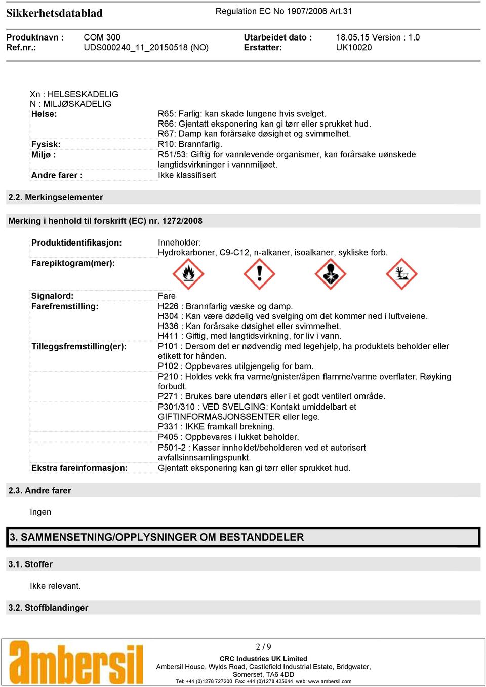 2. Merkingselementer Merking i henhold til forskrift (EC) nr. 1272/2008 Produktidentifikasjon: Farepiktogram(mer): Inneholder: Hydrokarboner, C9-C12, n-alkaner, isoalkaner, sykliske forb.