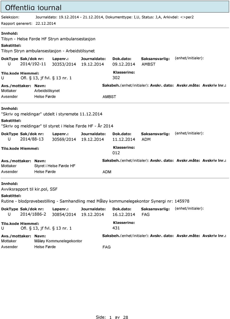 : Arbeidstilsynet AMBST "Skriv og meldingar" utdelt i styremøte 11.12.2014 "Skriv og meldingar" til styret i HF - År 2014 2014/88-13 30569/2014 11.12.2014 ADM 012 Avs./mottaker: Navn: Saksbeh. Avskr.