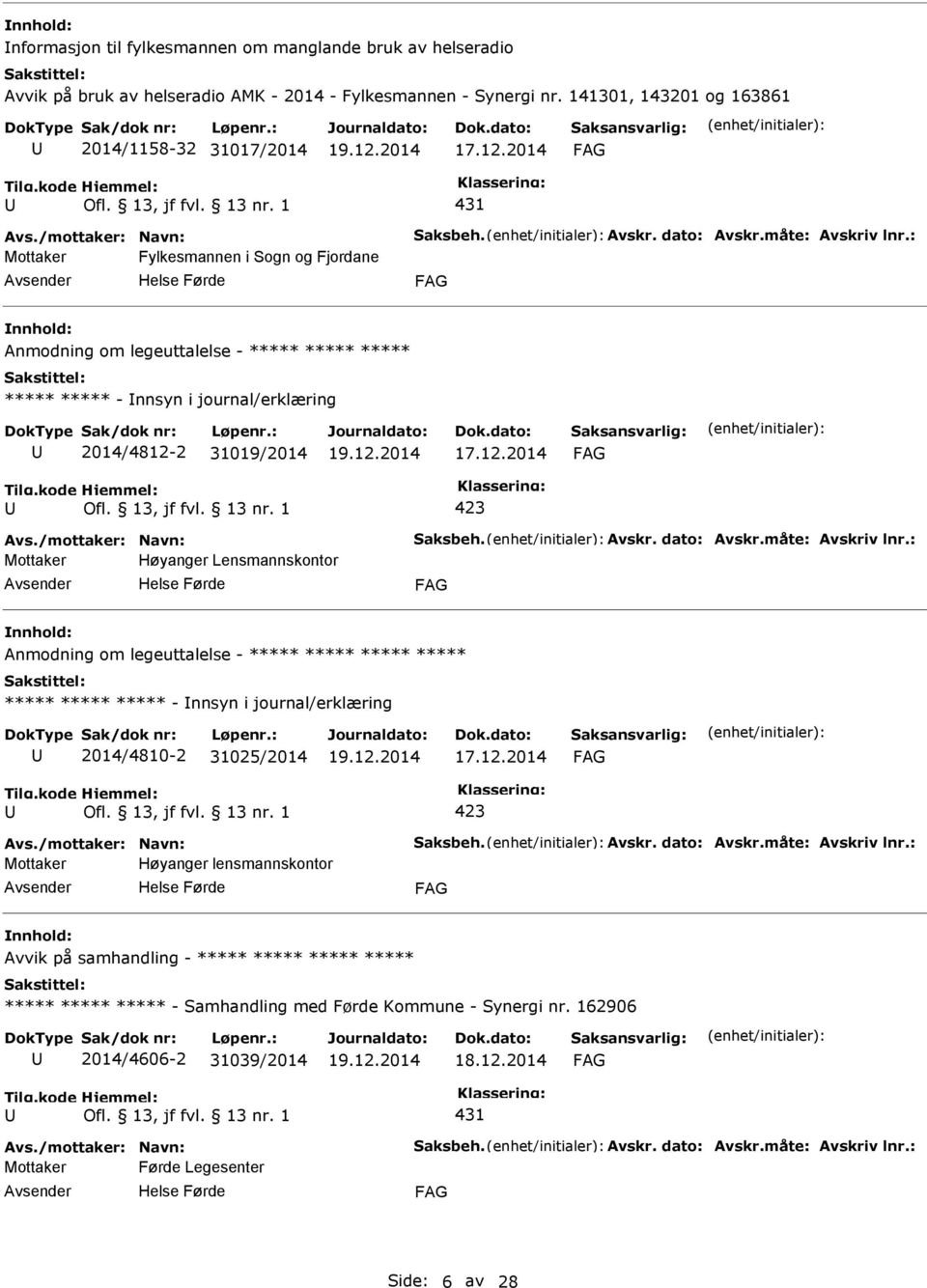 : Fylkesmannen i Sogn og Fjordane Anmodning om legeuttalelse - ***** ***** ***** ***** ***** - nnsyn i journal/erklæring 2014/4812-2 31019/2014 Avs.