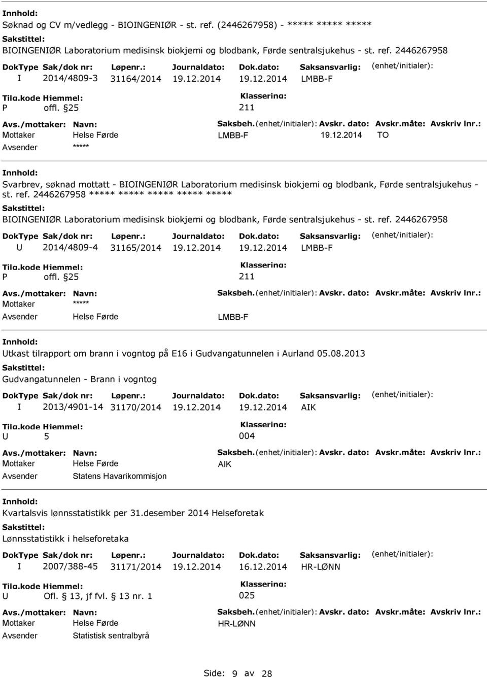 2446267958 ***** ***** ***** ***** ***** BONGENØR Laboratorium medisinsk biokjemi og blodbank, Førde sentralsjukehus - st. ref. 2446267958 2014/4809-4 31165/2014 LMBB-F Avs./mottaker: Navn: Saksbeh.