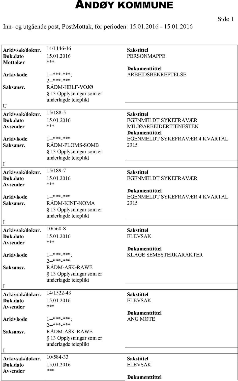 2016 EGENMELDT SYKEFRAVÆR MLJØARBEDERTJENESTEN Arkivkode 1--***-*** EGENMELDT SYKEFRAVÆR 4 KVARTAL Saksansv. RÅDM-PLOMS-SOMB 2015 Arkivsak/doknr.