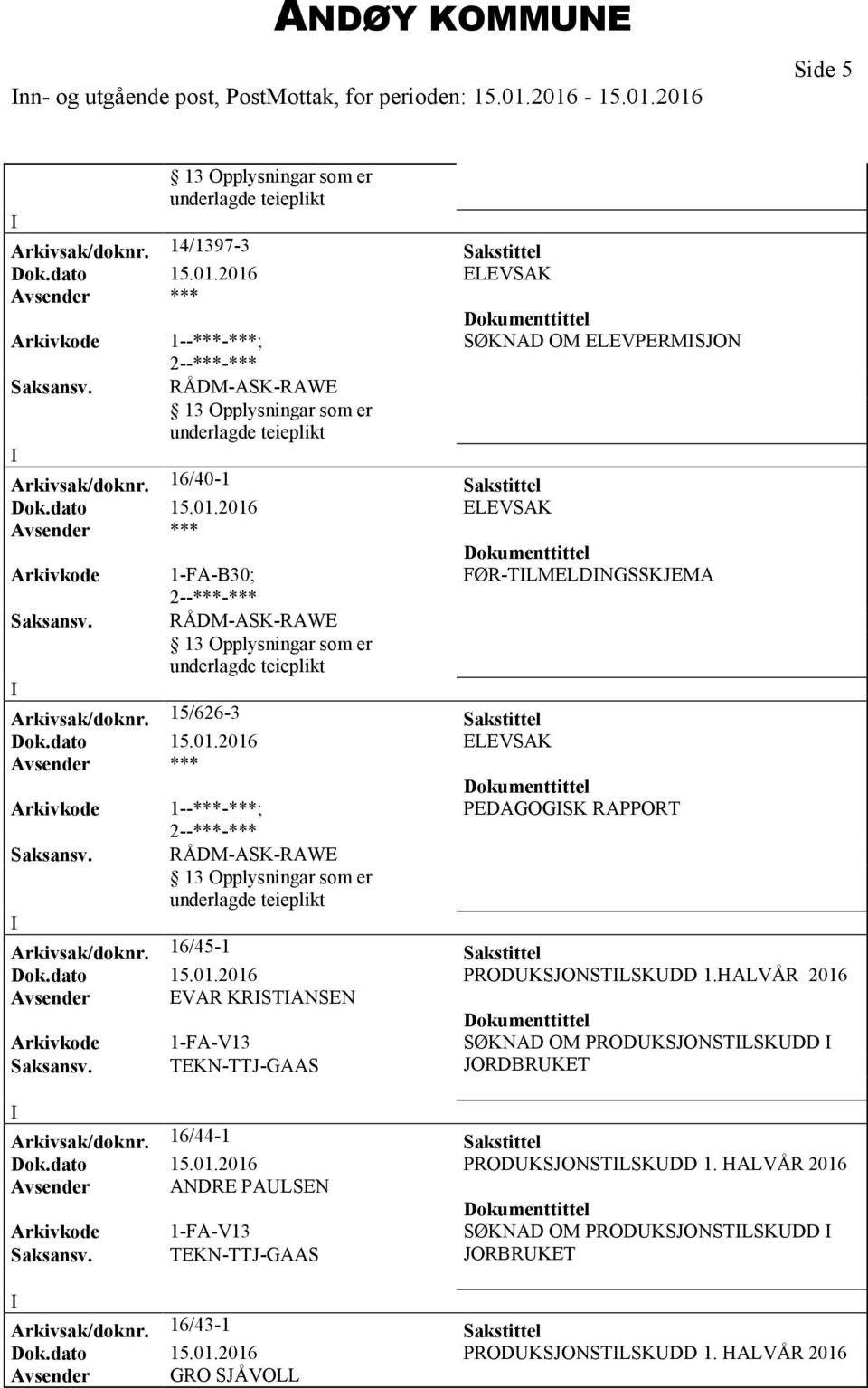 2016 PRODKSJONSTLSKDD 1.HALVÅR 2016 Avsender EVAR KRSTANSEN Arkivkode 1-FA-V13 SØKNAD OM PRODKSJONSTLSKDD Arkivsak/doknr. 16/44-1 Sakstittel Dok.dato 15.01.2016 PRODKSJONSTLSKDD 1. HALVÅR 2016 Avsender ANDRE PALSEN Arkivkode 1-FA-V13 SØKNAD OM PRODKSJONSTLSKDD JORBRKET Arkivsak/doknr.