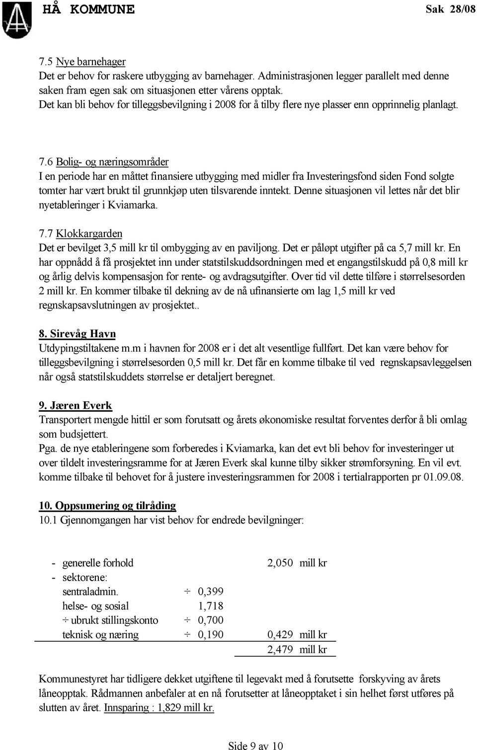 6 Bolig- og næringsområder I en periode har en måttet finansiere utbygging med midler fra Investeringsfond siden Fond solgte tomter har vært brukt til grunnkjøp uten tilsvarende inntekt.