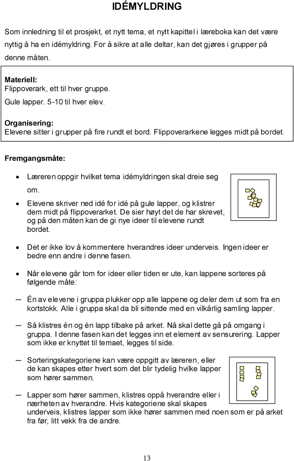 Fremgangsmåte: Læreren oppgir hvilket tema idémyldringen skal dreie seg om. Elevene skriver ned idé for idé på gule lapper, og klistrer dem midt på flippoverarket.