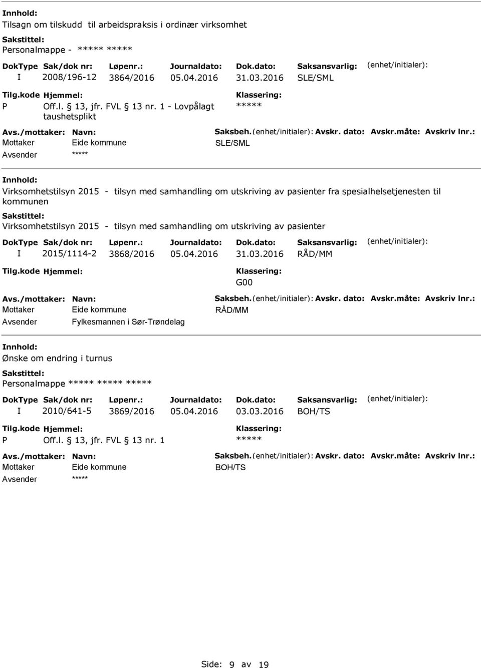 : SLE/SML Virksomhetstilsyn 2015 - tilsyn med samhandling om utskriving av pasienter fra spesialhelsetjenesten til kommunen Virksomhetstilsyn 2015 - tilsyn med samhandling om