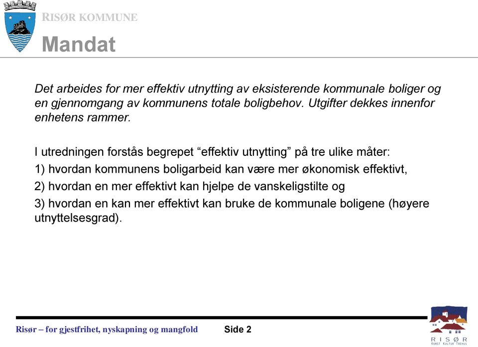 I utredningen forstås begrepet effektiv utnytting på tre ulike måter: 1) hvordan kommunens boligarbeid kan være mer