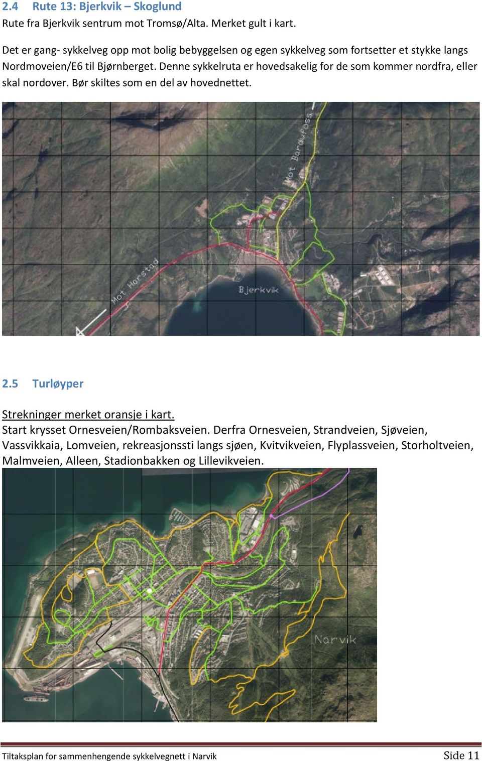 Denne sykkelruta er hovedsakelig for de som kommer nordfra, eller skal nordover. Bør skiltes som en del av hovednettet. 2.5 Turløyper Strekninger merket oransje i kart.