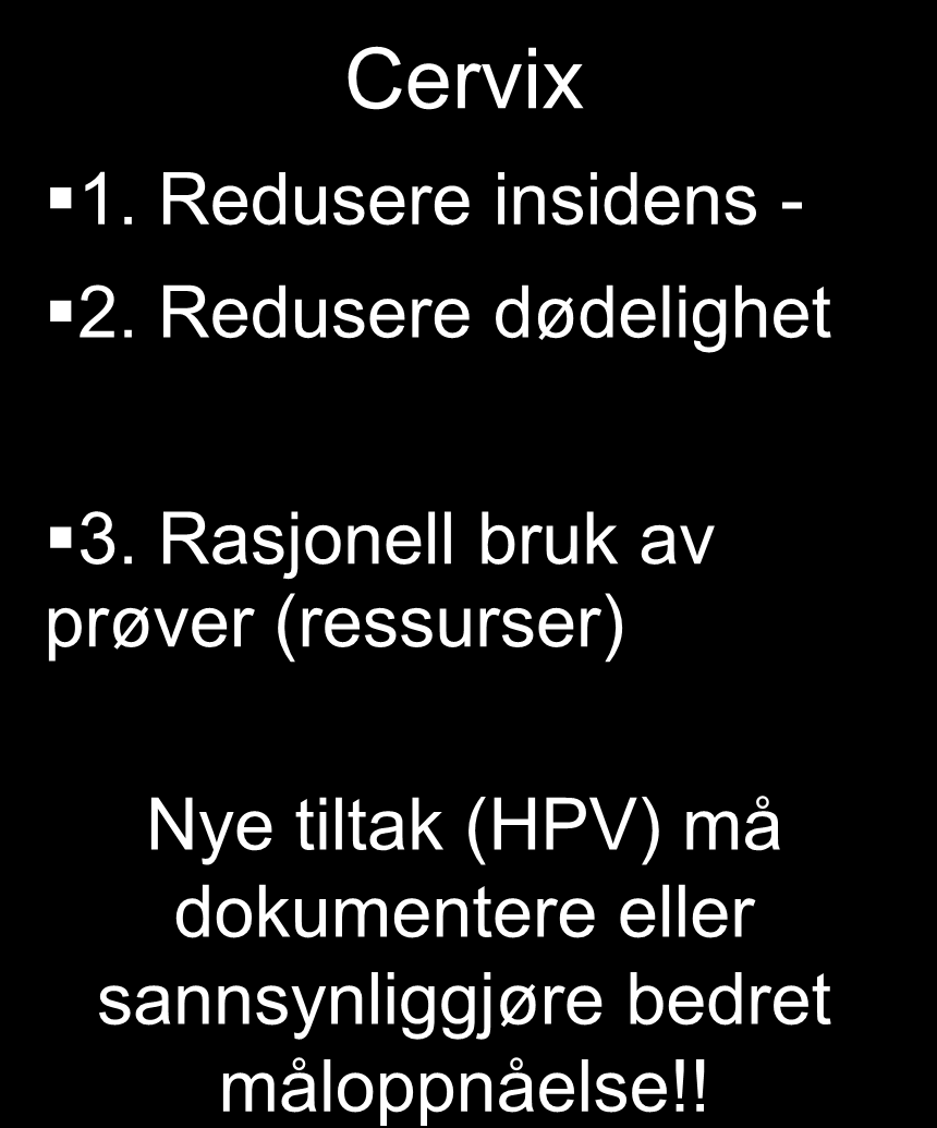 Hva er målet med screeningprogrammene? (1995) Cervix 1. Redusere insidens - 2. Redusere dødelighet Mamma Redusere insidens Redusere dødelighet (målbar etter > 10 år) 3.