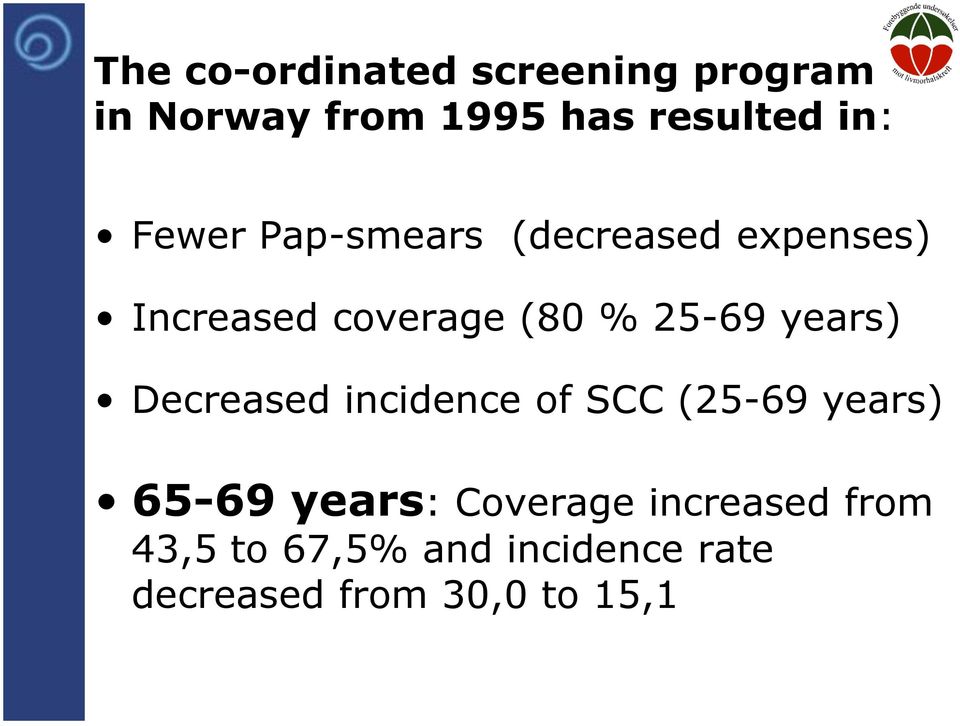 years) Decreased incidence of SCC (25-69 years) 65-69 years: Coverage