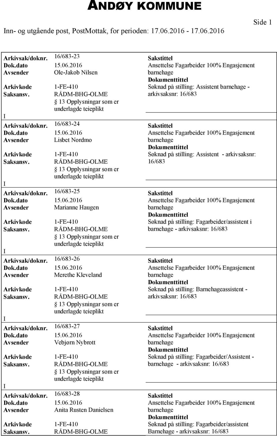 16/683-24 Sakstittel Avsender Lisbet Nordmo Arkivkode 1-FE-410 Søknad på stilling: Assistent - arkivsaksnr: 16/683 Arkivsak/doknr.