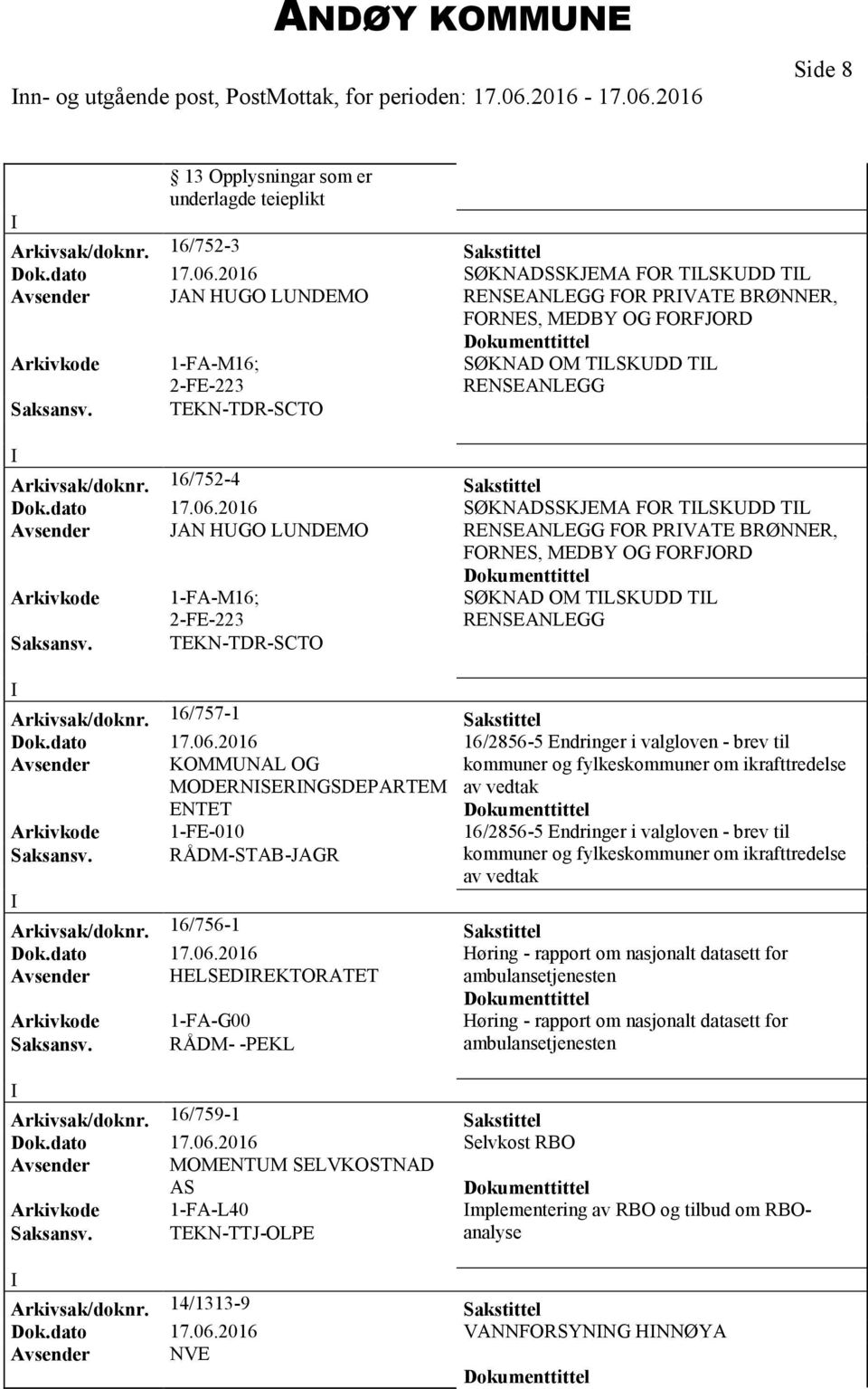 2016 Side 8 Arkivsak/doknr. 16/752-3 Sakstittel Dok.dato 17.06.