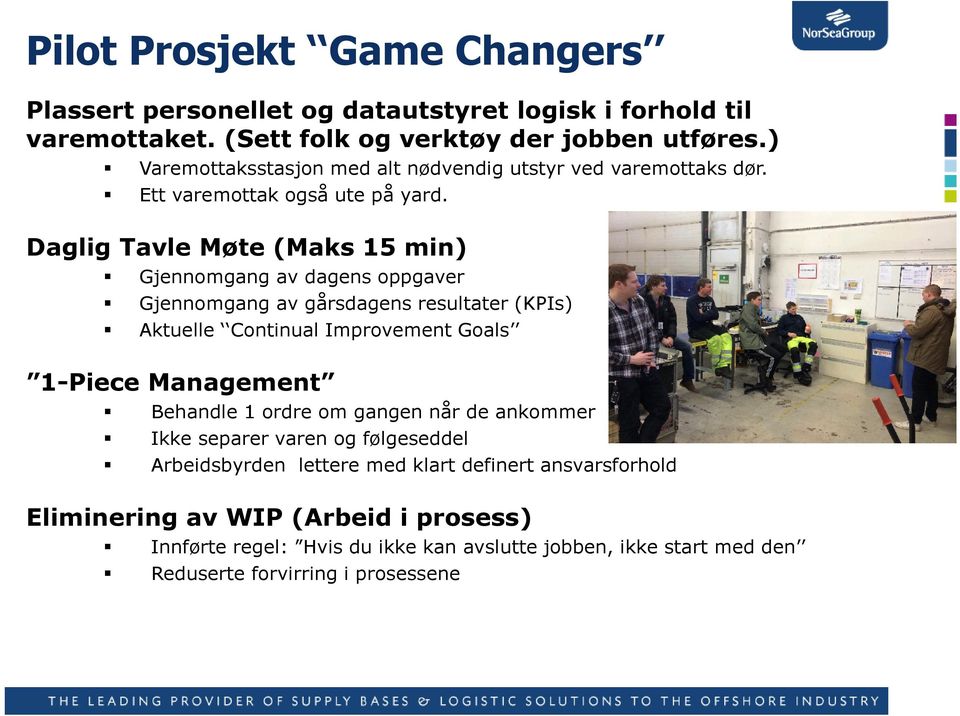 Daglig Tavle Møte (Maks 15 min) Gjennomgang av dagens oppgaver Gjennomgang av gårsdagens resultater (KPIs) Aktuelle Continual Improvement Goals 1-Piece Management