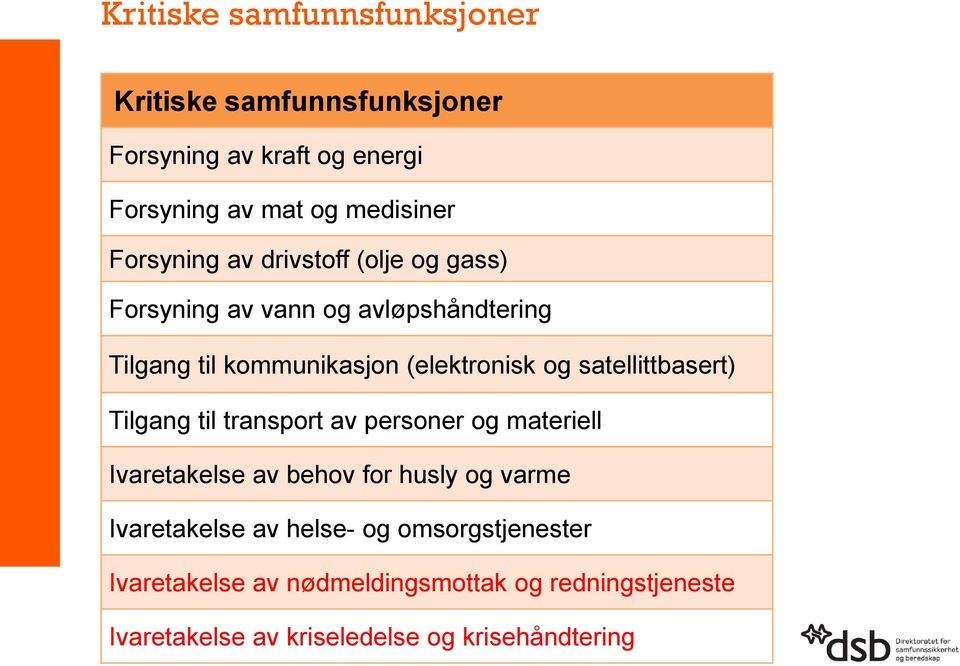 satellittbasert) Tilgang til transport av personer og materiell Ivaretakelse av behov for husly og varme Ivaretakelse av