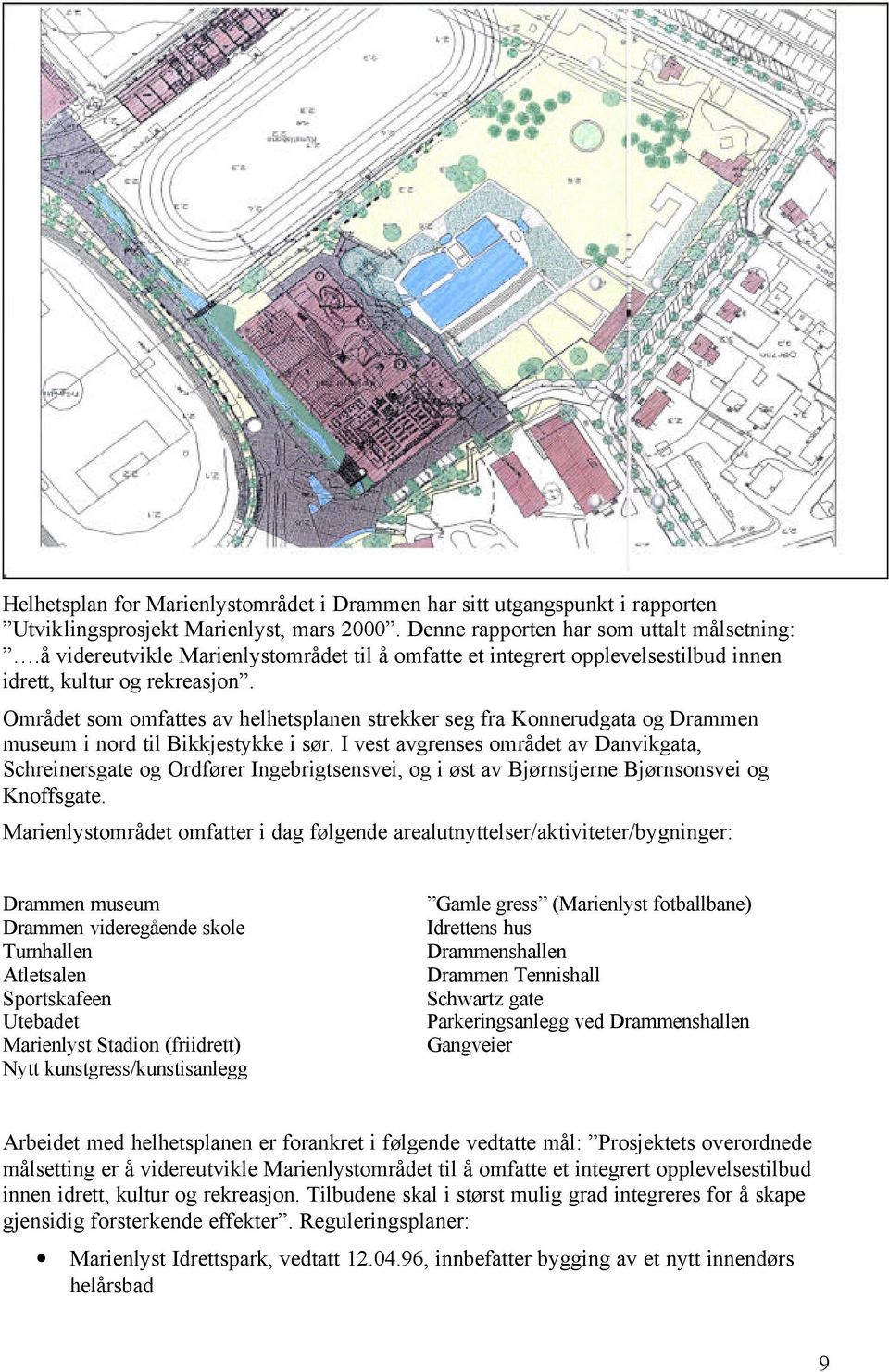 Området som omfattes av helhetsplanen strekker seg fra Konnerudgata og Drammen museum i nord til Bikkjestykke i sør.