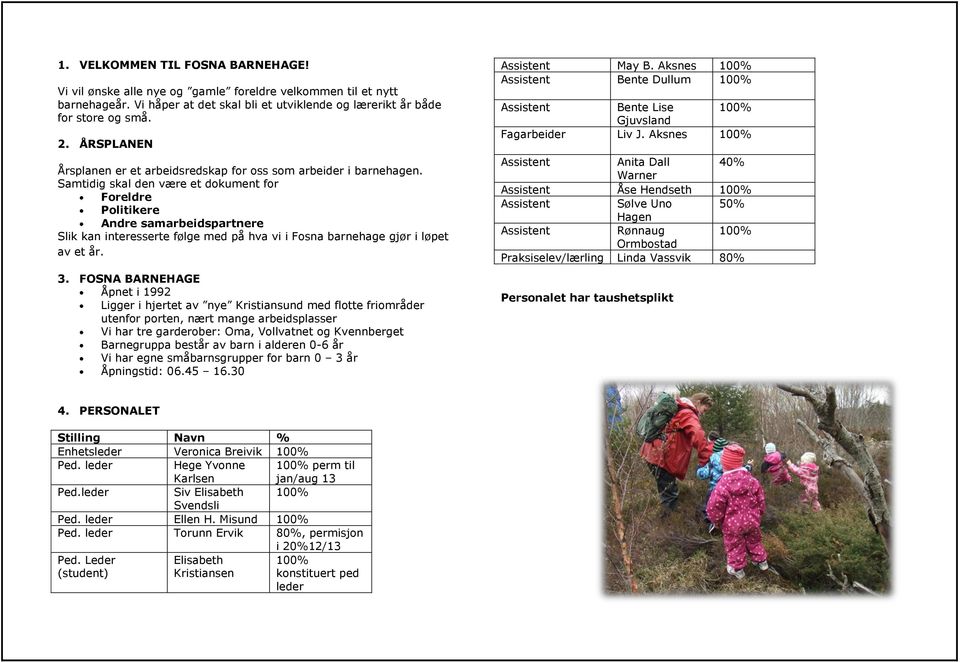 Samtidig skal den være et dokument for Foreldre Politikere Andre samarbeidspartnere Slik kan interesserte følge med på hva vi i Fosna barnehage gjør i løpet av et år. 3.